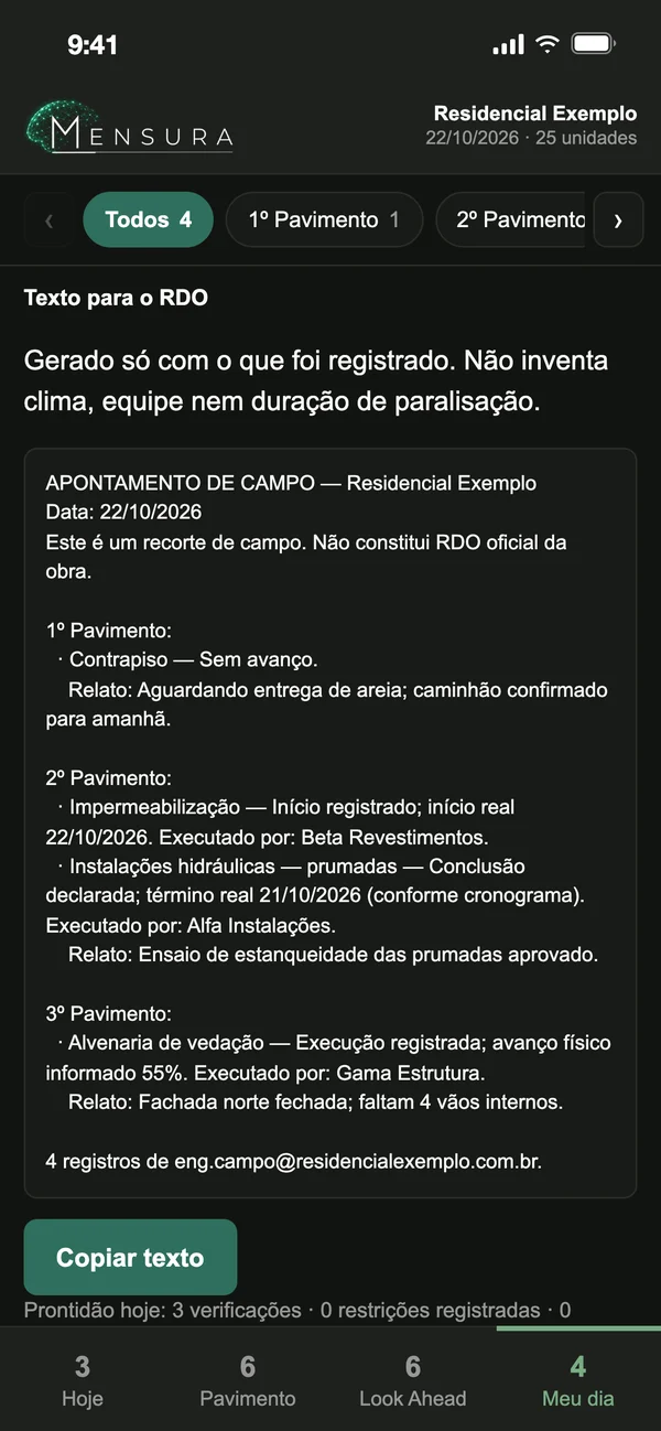 Texto para o RDO — obra fictícia